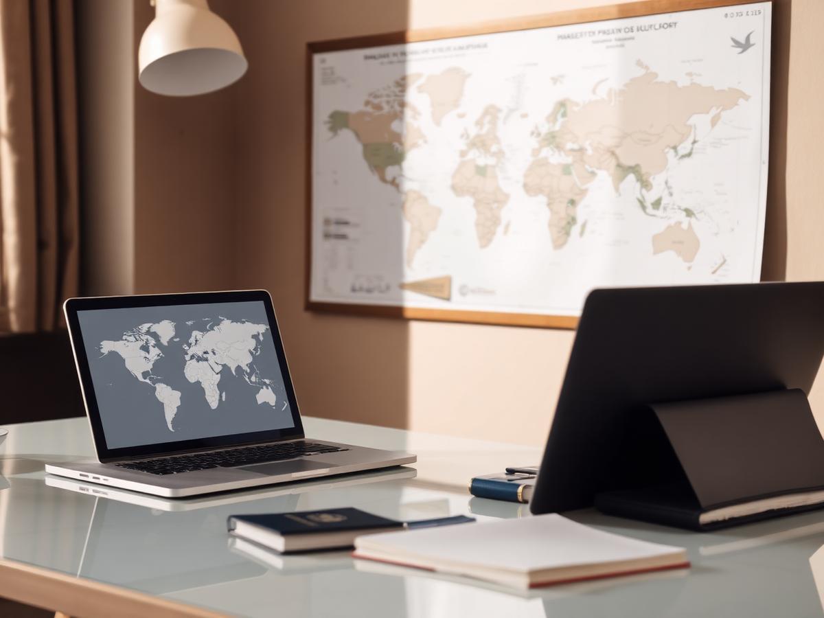 Bureau de planification de voyage avec ordinateur portable, carte du monde et passeport