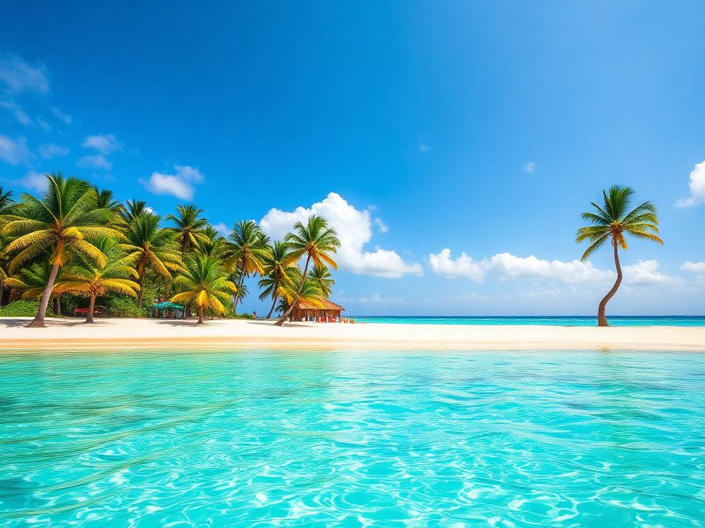 Plage de sable blanc bordée de palmiers et d'eau turquoise dans les Caraïbes