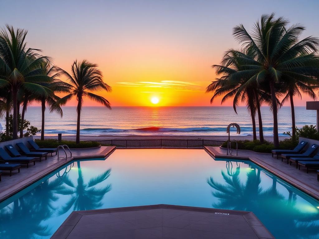 Piscine d'un complexe hôtelier face à l'océan au coucher du soleil au Mexique