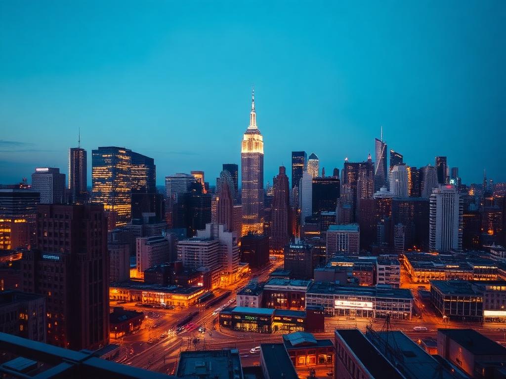 Panorama urbain américain illuminé à l'heure bleue
