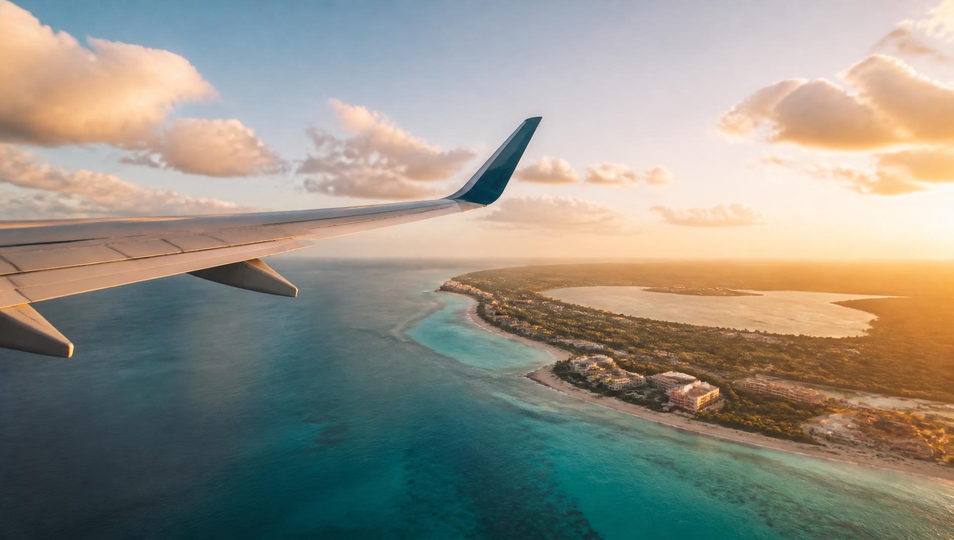 Vue depuis un hublot d'avion sur une côte tropicale turquoise au coucher du soleil